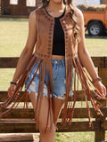 Fringe Cutout Detail Sleeveless Vest Coat - CELIVINE