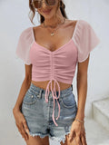 Drawstring Short Sleeve Crop Top - CELIVINE
