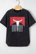Western HOWDY Steer Head Print Side Slits Loose Fit T Shirt - CELIVINE