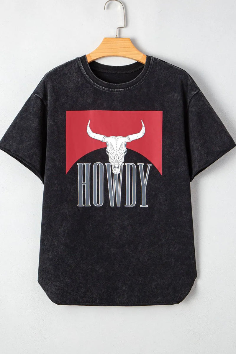 Western HOWDY Steer Head Print Side Slits Loose Fit T Shirt - CELIVINE