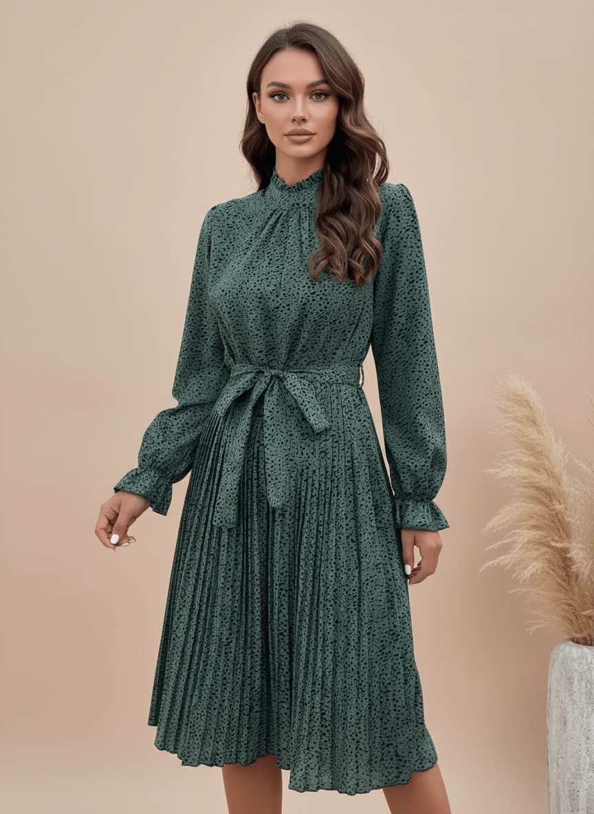 Animal Print Mock Neck Flounce Sleeve Dress - CELIVINE