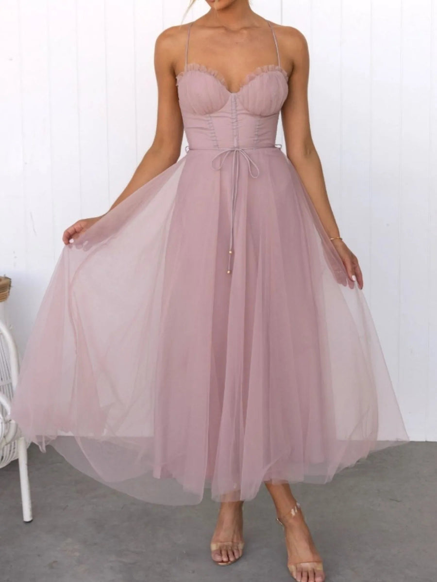 Sweetheart Neck Tulle Midi Dress - CELIVINE