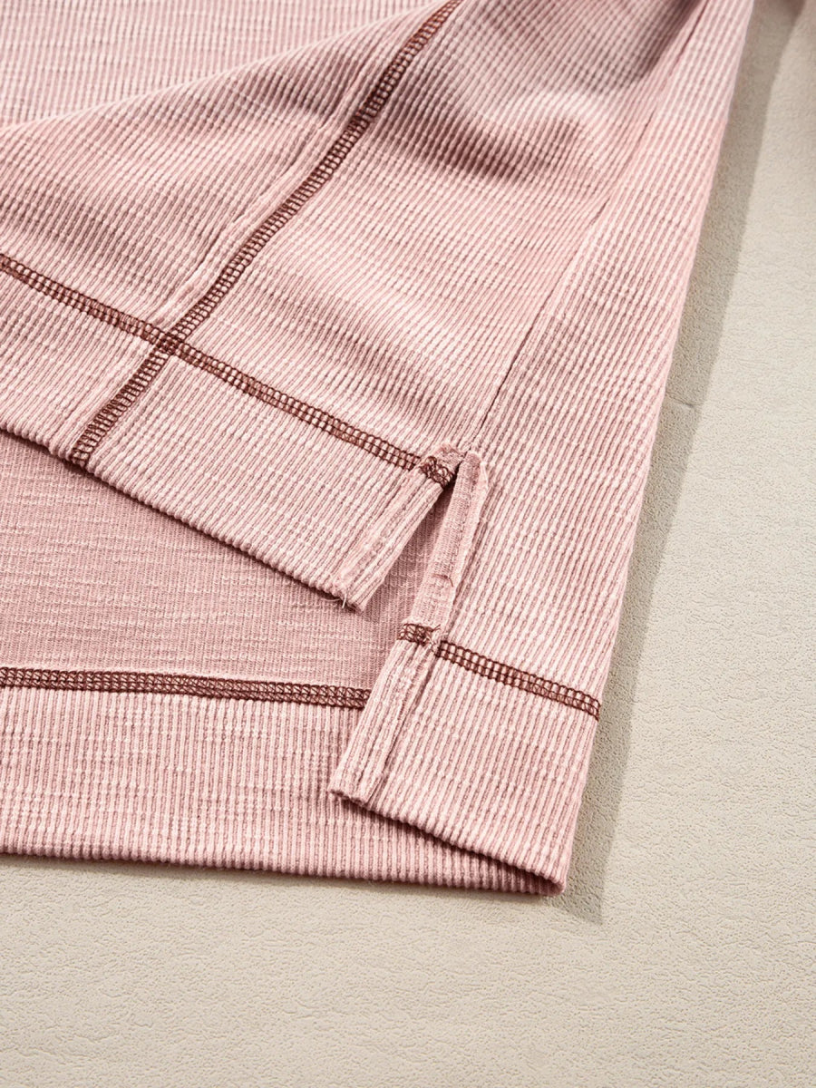 Exposed Seam Ribbed Knit V Neck Top - CELIVINE