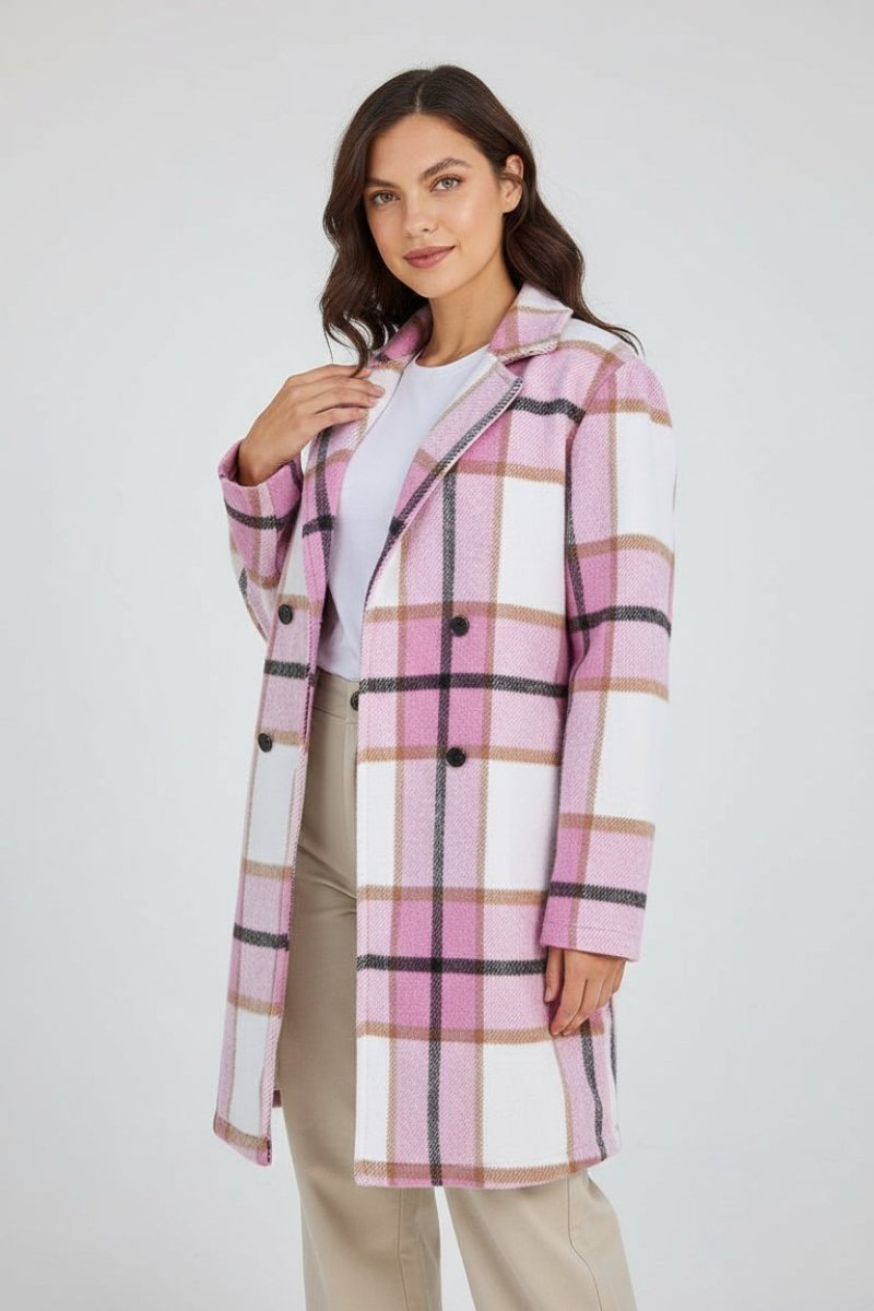 Double Take Full Size Plaid Button Up Lapel Collar Coat - CELIVINE