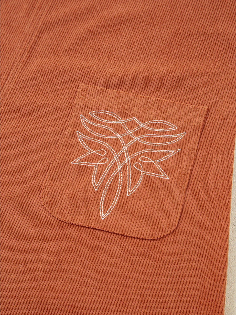 Corduroy Western Embroidered Patched Pocket Shift Sleeveless Mini Dress - CELIVINE