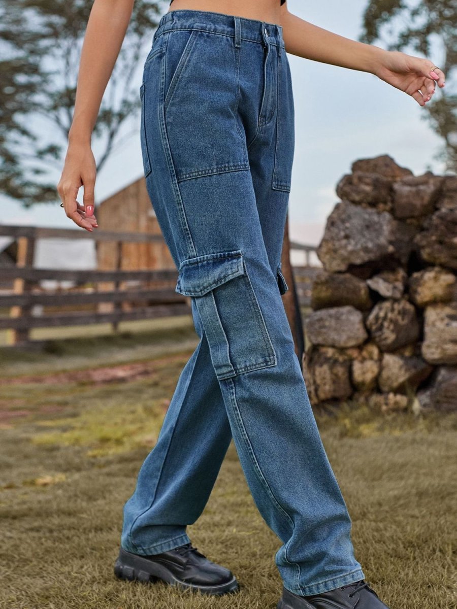 High Waist Cargo Jeans - CELIVINE