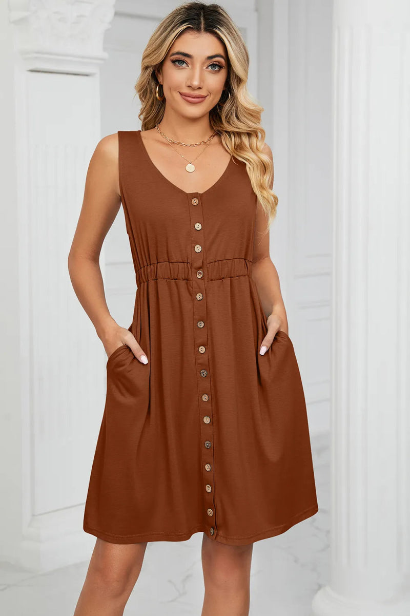 Buttoned Wide Strap Mini Dress - CELIVINE