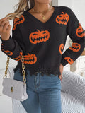 Halloween Pumpkin Pattern Raw Hem V - Neck Sweater - CELIVINE