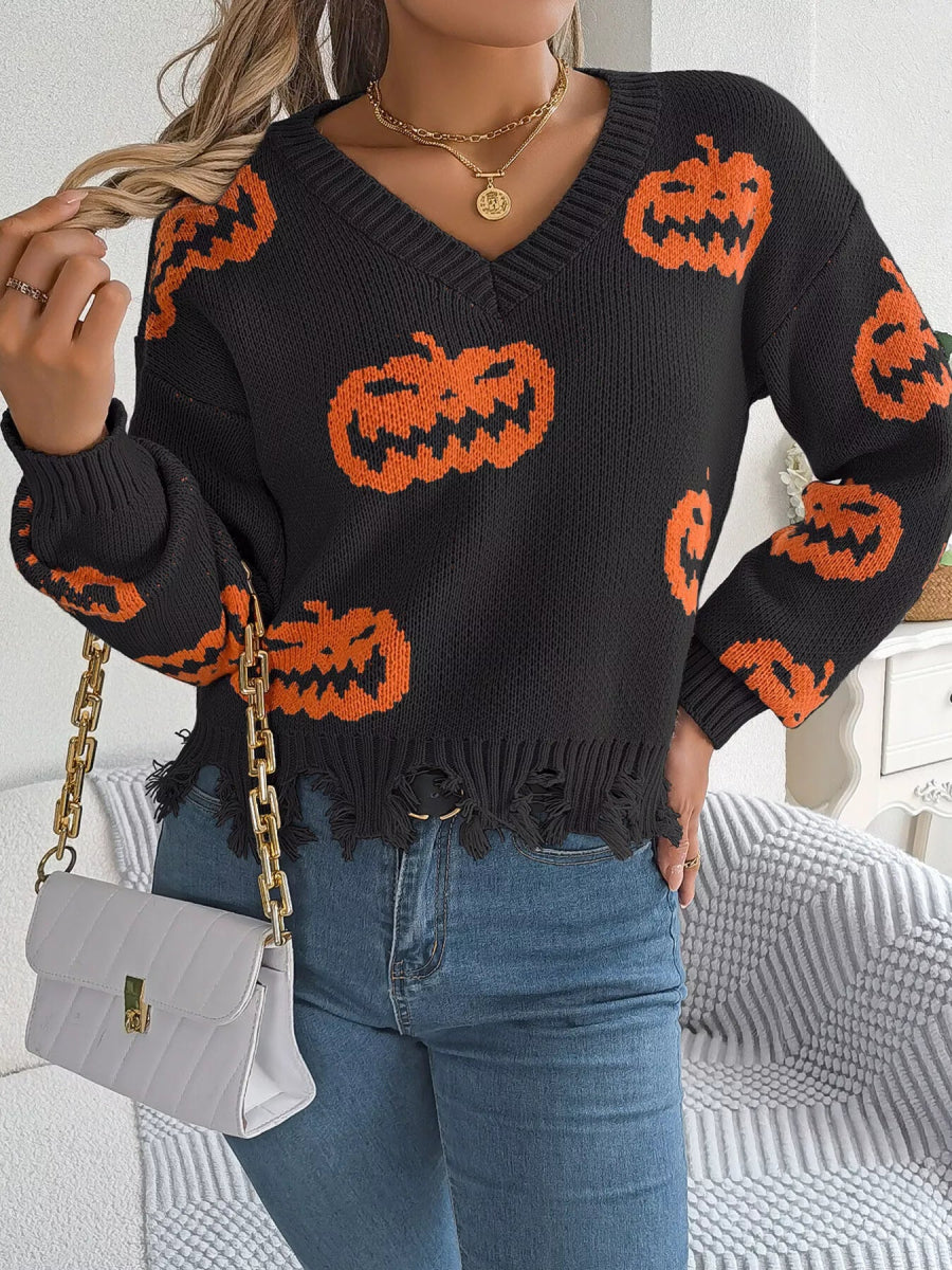 Halloween Pumpkin Pattern Raw Hem V - Neck Sweater - CELIVINE