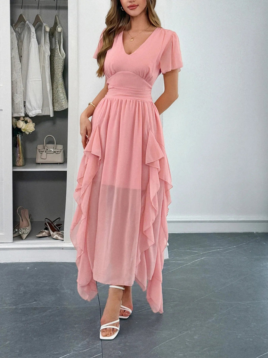 V - Neck Flutter Sleeve Dress - CELIVINE