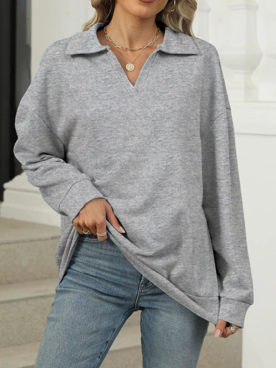 Johnny Collar Drop Shoulder Long Sleeve Sweatshirt - CELIVINE