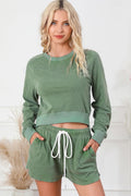 Round Neck Long Sleeve Top and Drawstring Shorts Lounge Set - CELIVINE