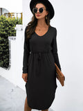 Drawstring Waist Long Sleeve Casual Dress - CELIVINE