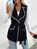 Contrast Trim Collared Neck Vest Coat - CELIVINE