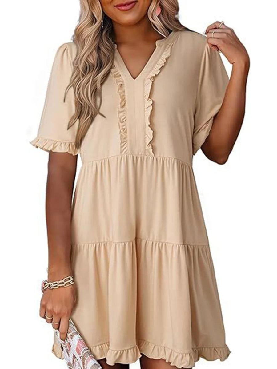 Tiered Notched Short Sleeve Mini Dress - CELIVINE