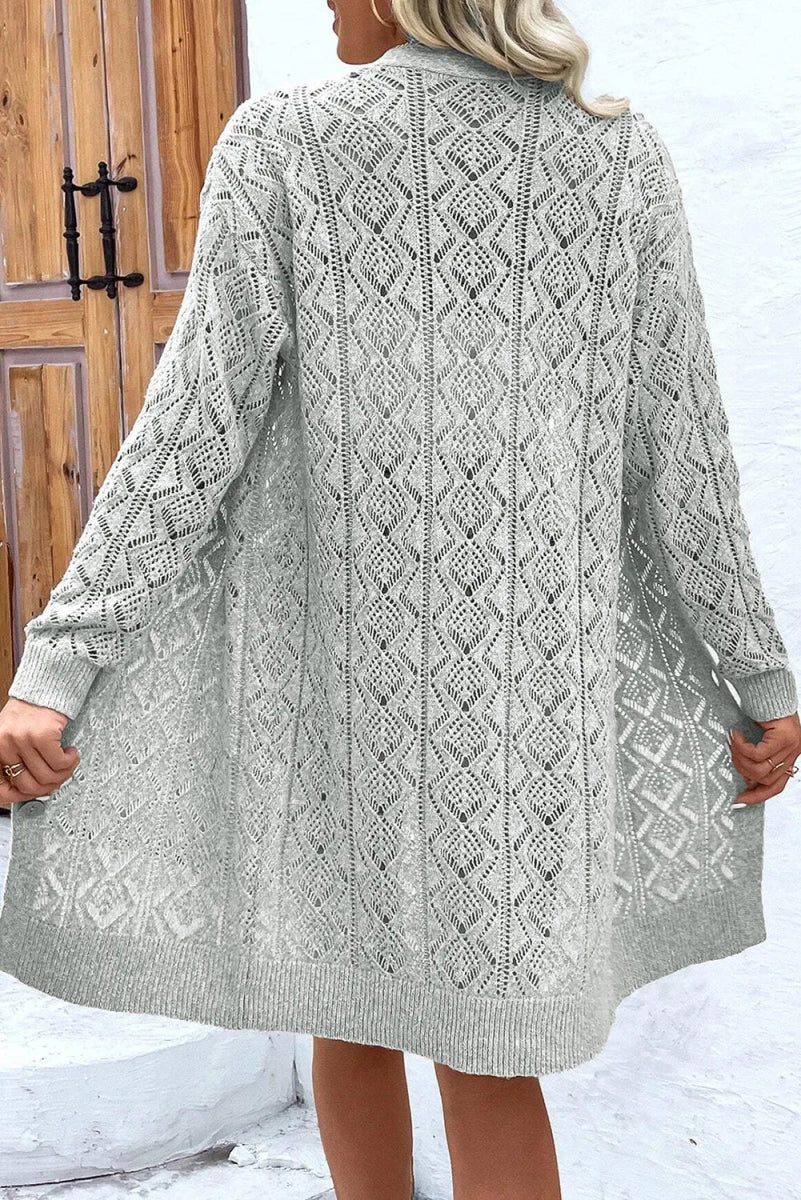 Openwork Button Down Long Sleeve Cardigan - CELIVINE