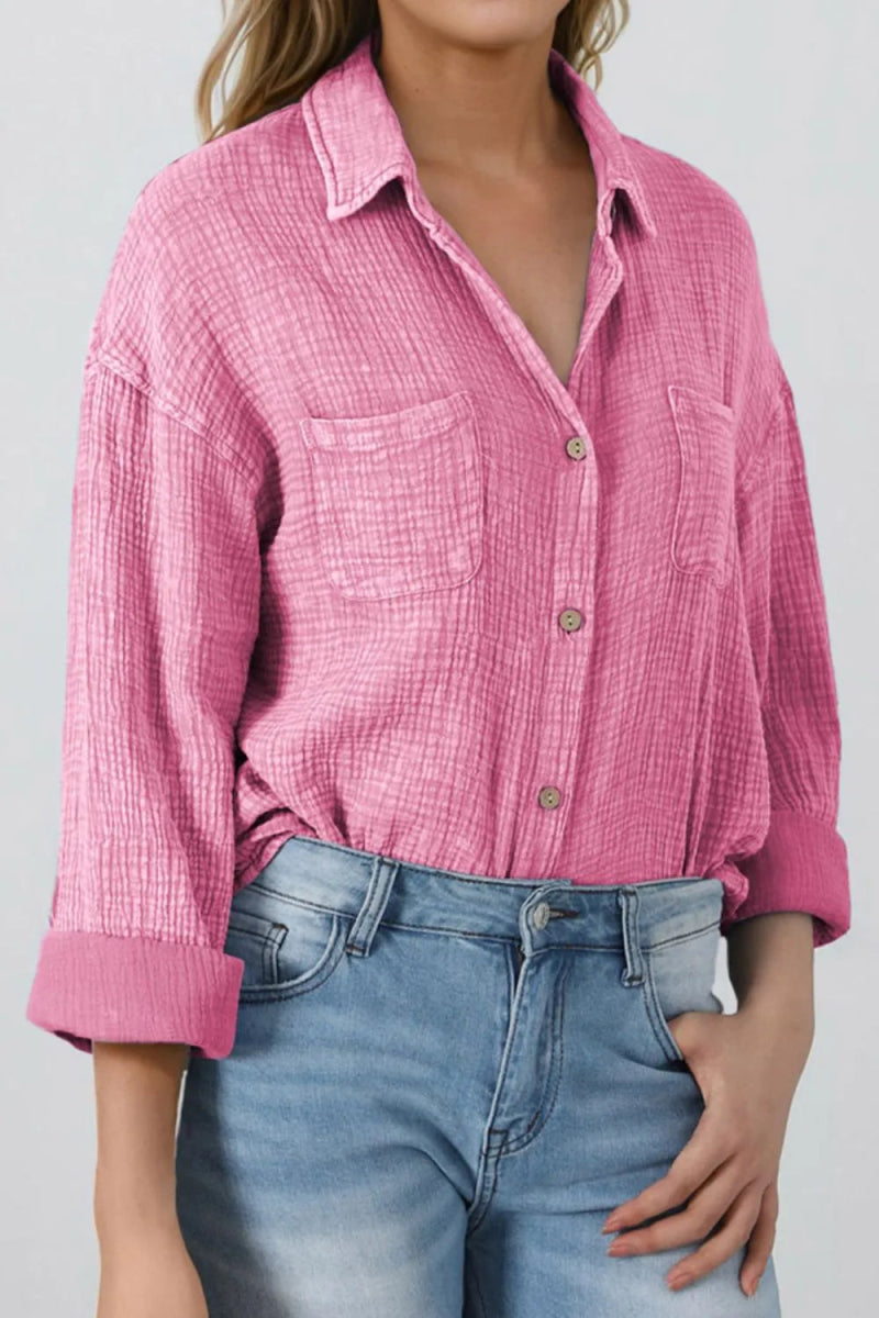 Button Down Collared Neck Long Sleeve Shirt - CELIVINE