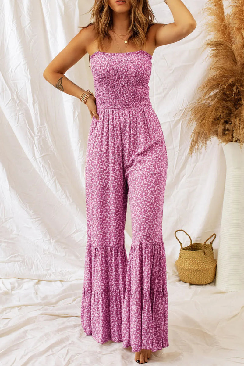 Smocked Printed Wide Strap Jumpsuit - CELIVINE