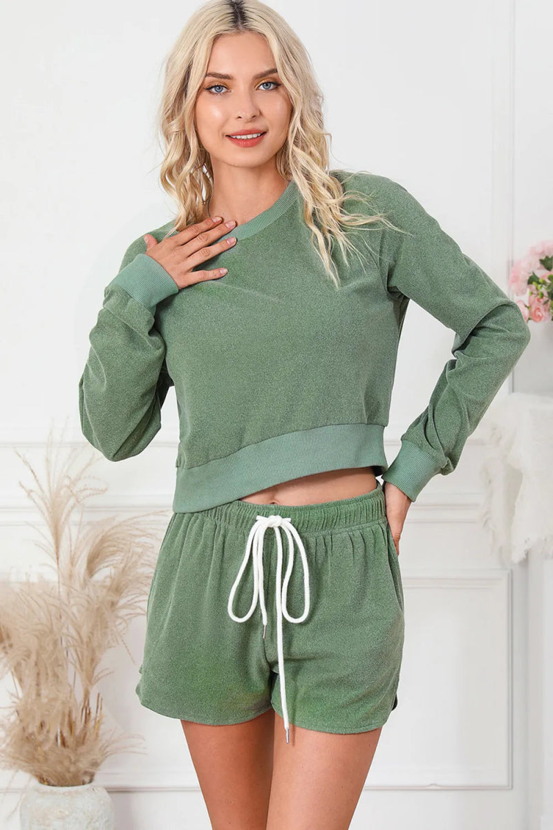 Round Neck Long Sleeve Top and Drawstring Shorts Lounge Set - CELIVINE