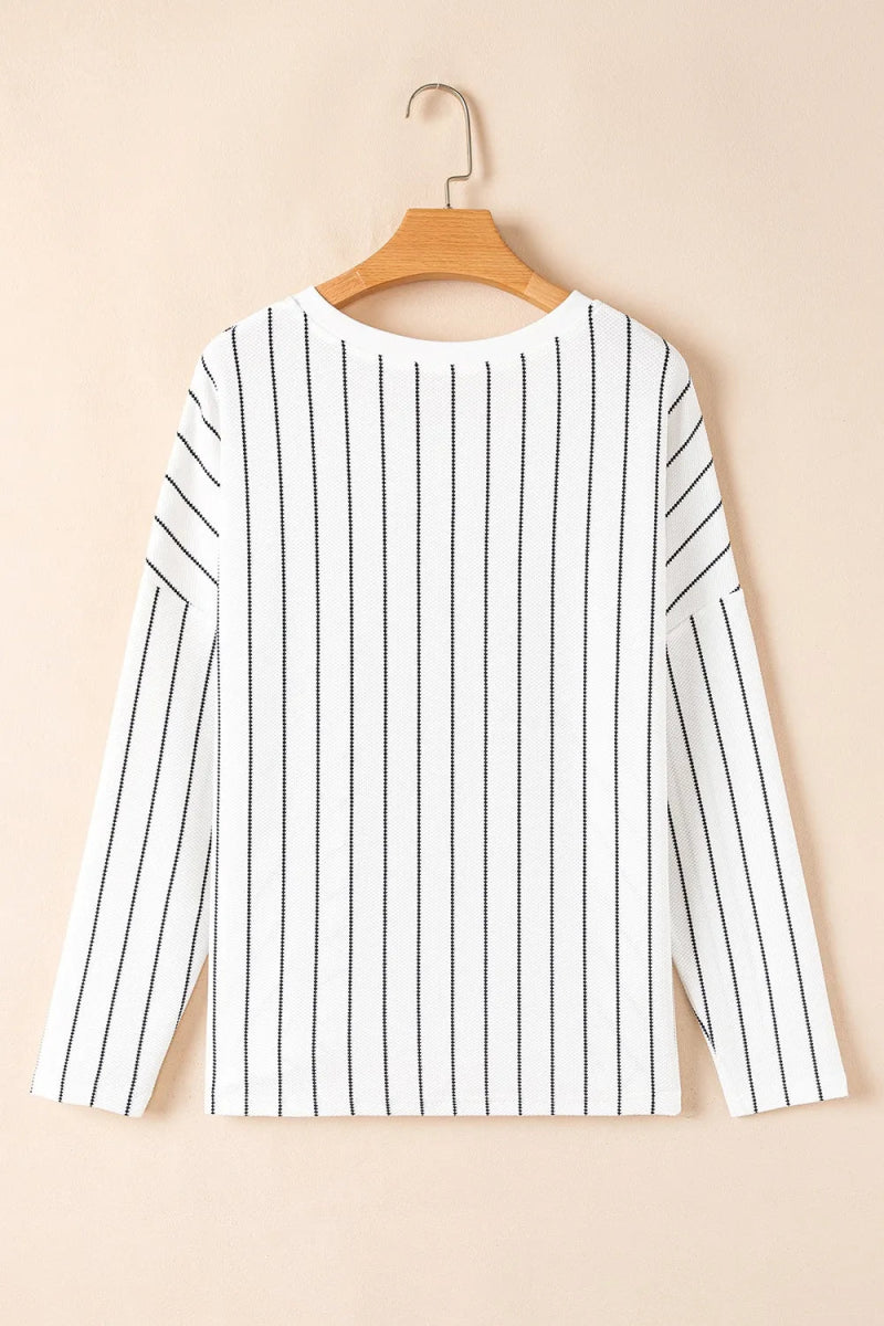 Striped V - Neck Long Sleeve Blouse - CELIVINE