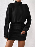 Ribbed Turtleneck Long Sleeve Sweater Dress - CELIVINE