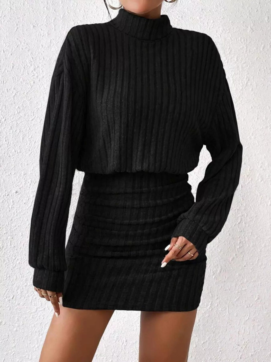 Ribbed Turtleneck Long Sleeve Sweater Dress - CELIVINE