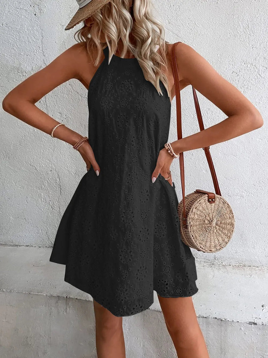 Eyelet Grecian Neck Mini Dress - CELIVINE
