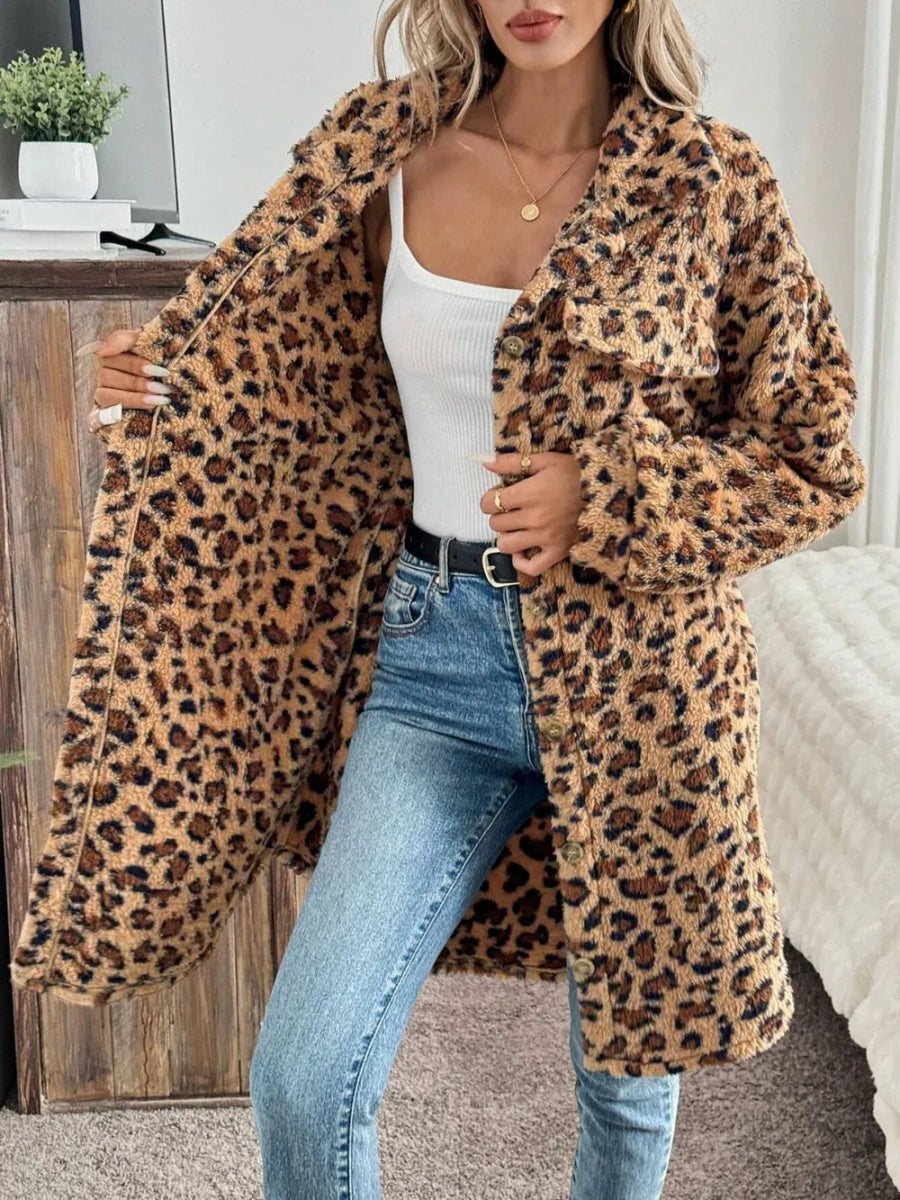 Leopard Button Up Long Sleeve Fuzzy Coat - CELIVINE