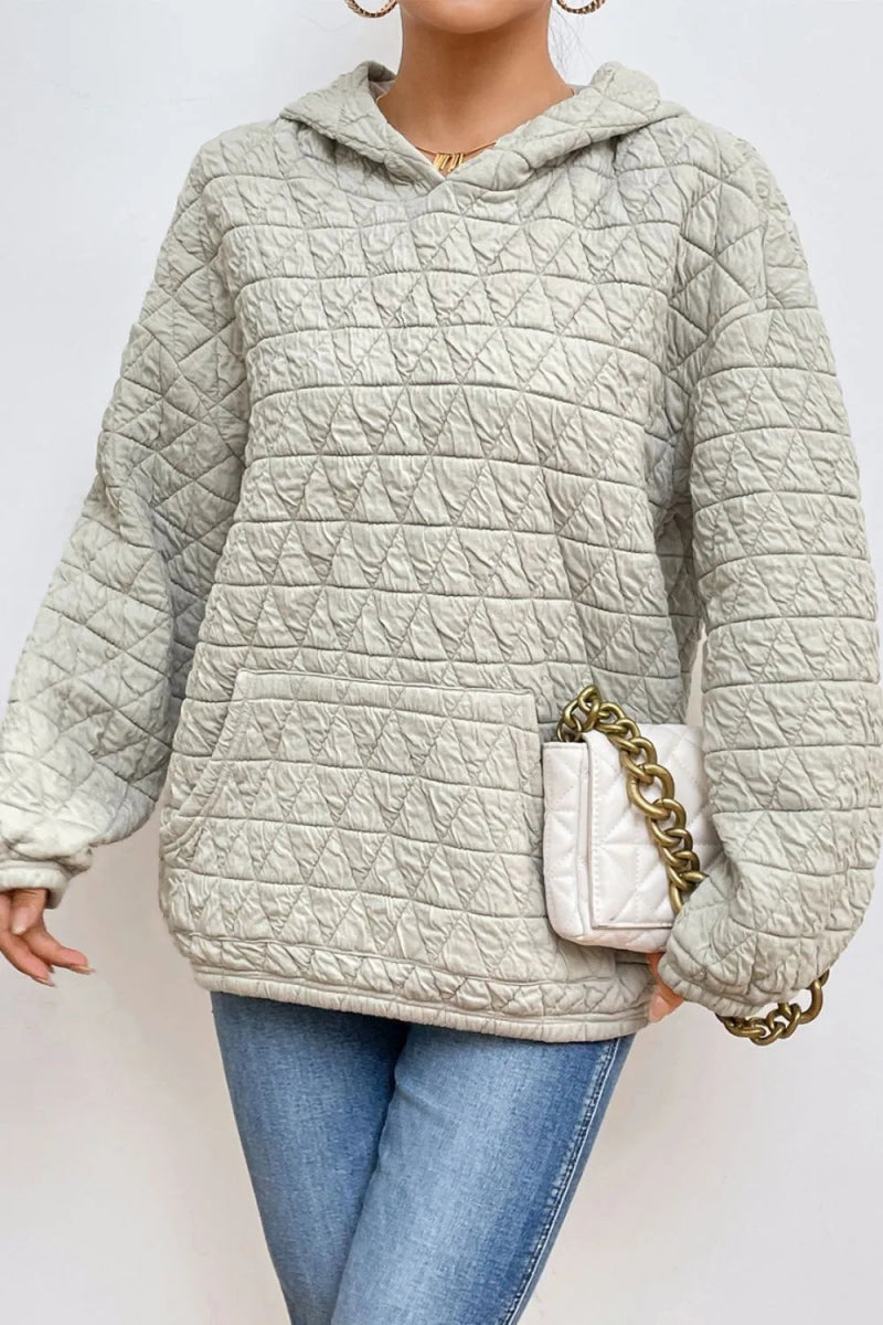 Quilted Long Sleeve Hoodie with Pocket - CELIVINE