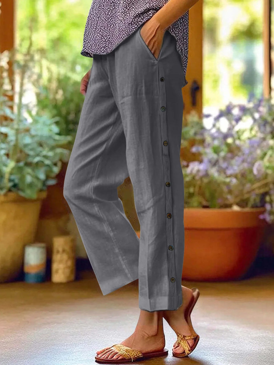 Full Size Side Decor Button Casual Wide Leg Pants Plus Size - CELIVINE
