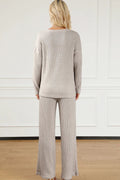 Ribbed V - Neck Top and Pants Lounge Set - CELIVINE