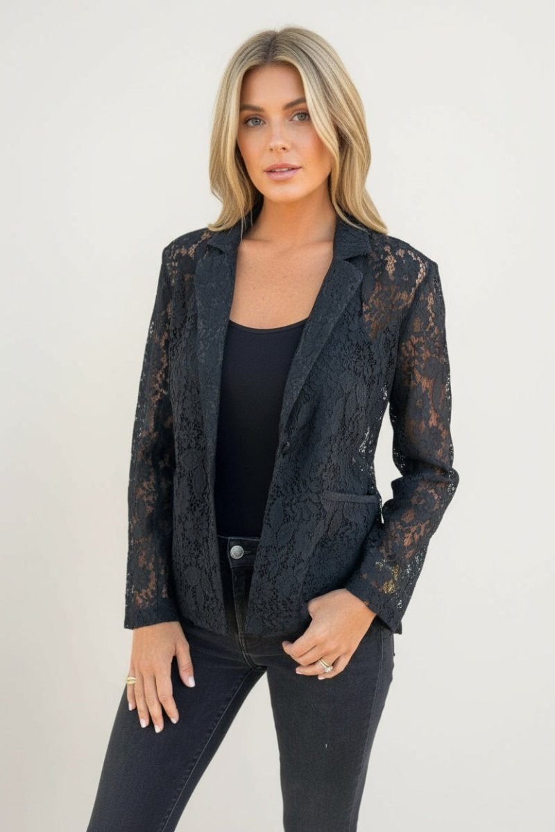 Full Size Lace Open - Front Blazer Plus Size - CELIVINE