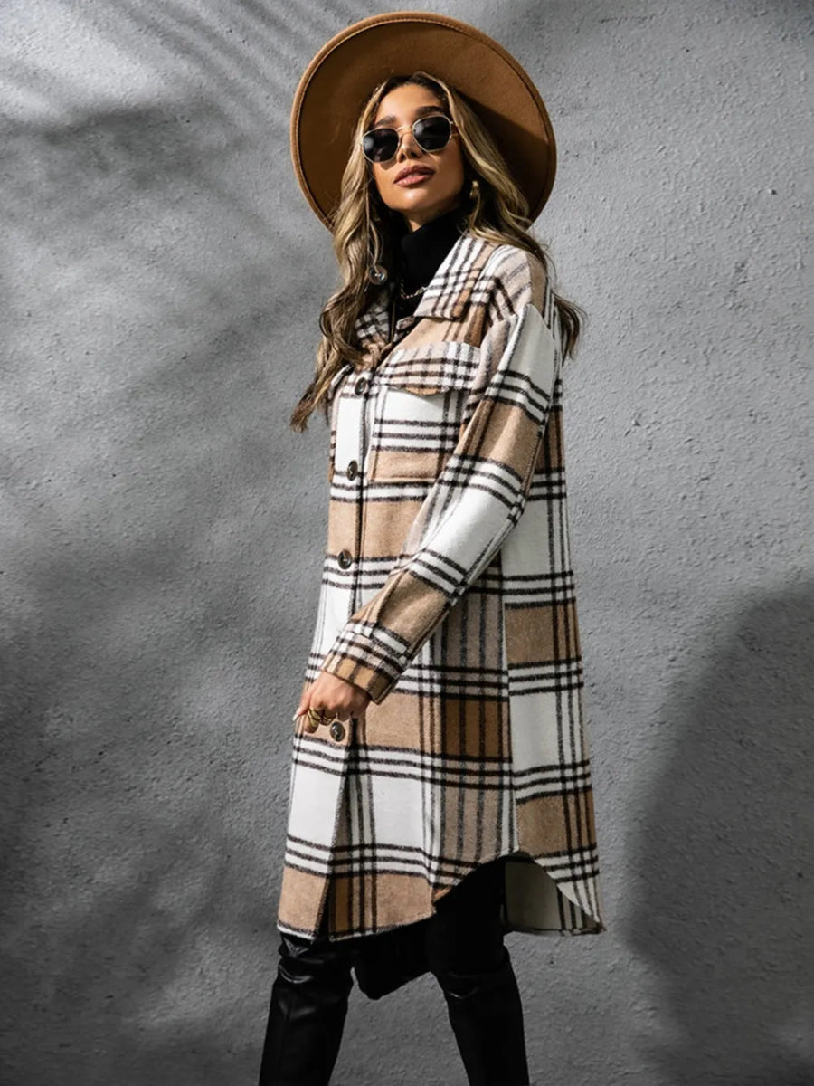 Plaid Collared Neck Long Sleeve Coat - CELIVINE