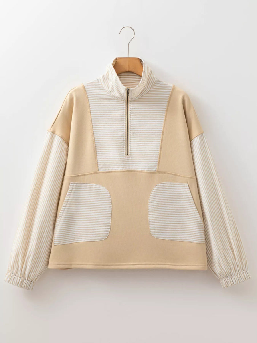 Quarter Zip Striped Patchwork Drop Shoulder Loose Long Sleeve Top - CELIVINE