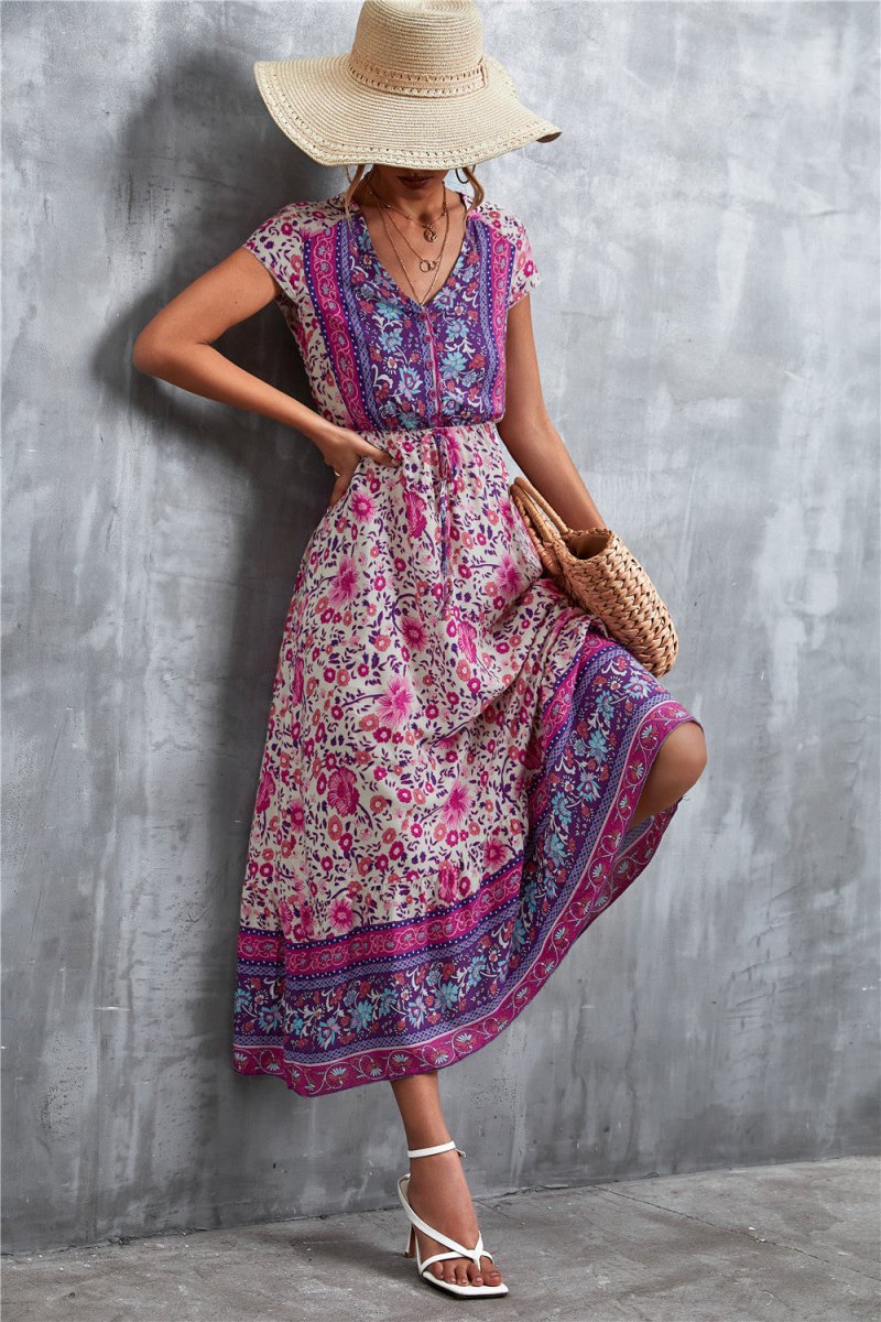 V - Neck Short Sleeve Printed Maxi Dress - CELIVINE