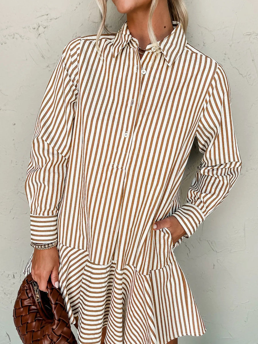 Stripe Ruffled Hem Collared Long Sleeve Shirt Mini Dress - CELIVINE