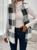 Plaid Sherpa Vest Coat with Pockets - CELIVINE