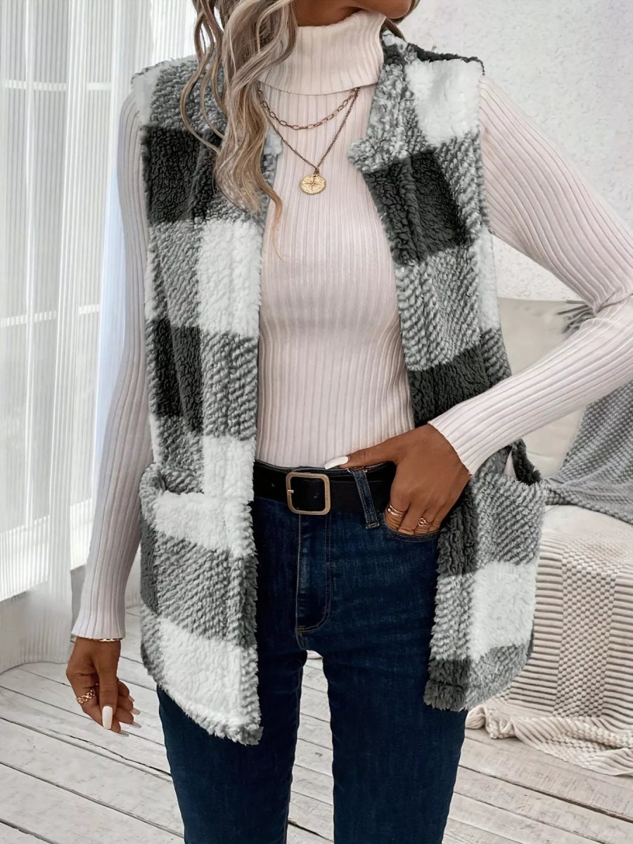 Plaid Sherpa Vest Coat with Pockets - CELIVINE