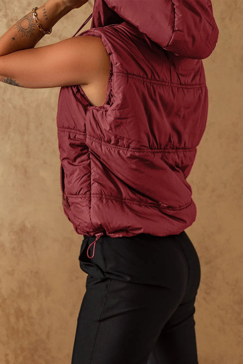 Drawstring Zip Up Hooded Vest Coat - CELIVINE