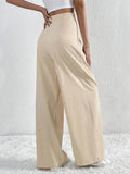 V - Waisted Ruched Front Wide Leg Pants - CELIVINE
