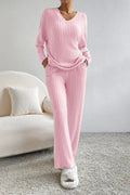 Ribbed V - Neck Top and Pants Lounge Set - CELIVINE