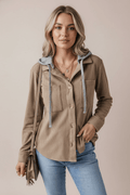 Drawstring Button Up Long Sleeve Hooded Jacket - CELIVINE