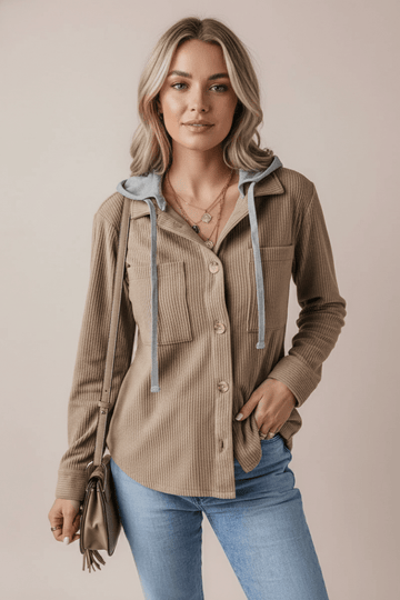 Drawstring Button Up Long Sleeve Hooded Jacket - CELIVINE