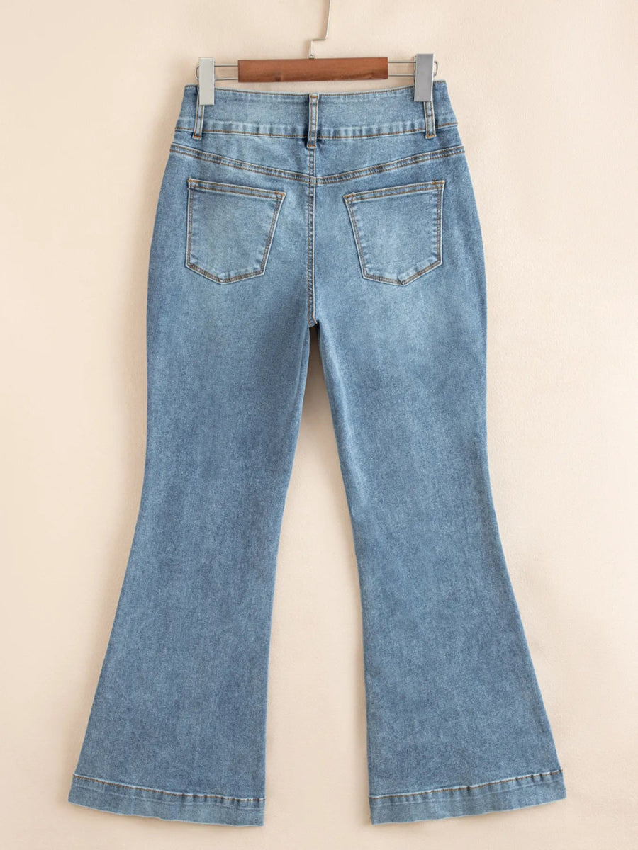 High - Waisted Flare Jeans with Seam Detail - CELIVINE