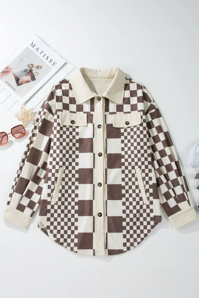 Pocketed Checkered Button Up Long Sleeve Jacket - CELIVINE