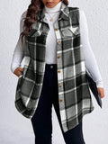Honey Plus Size Pocketed Plaid Button Up Vest Coat - CELIVINE