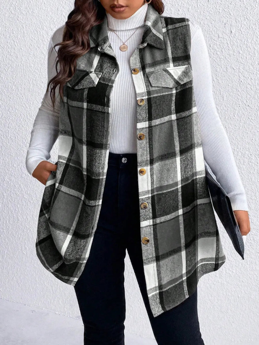 Honey Plus Size Pocketed Plaid Button Up Vest Coat - CELIVINE