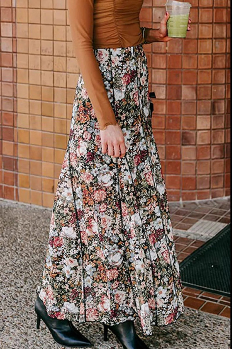 Floral Elastic Waist Maxi Skirt - CELIVINE