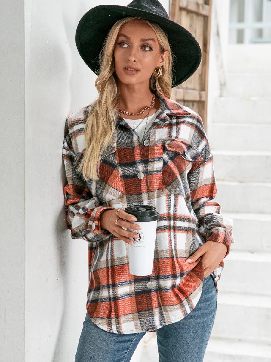 Ivy Lane Meet You Outside Plaid Button Down Curved Hem Shacket - CELIVINE