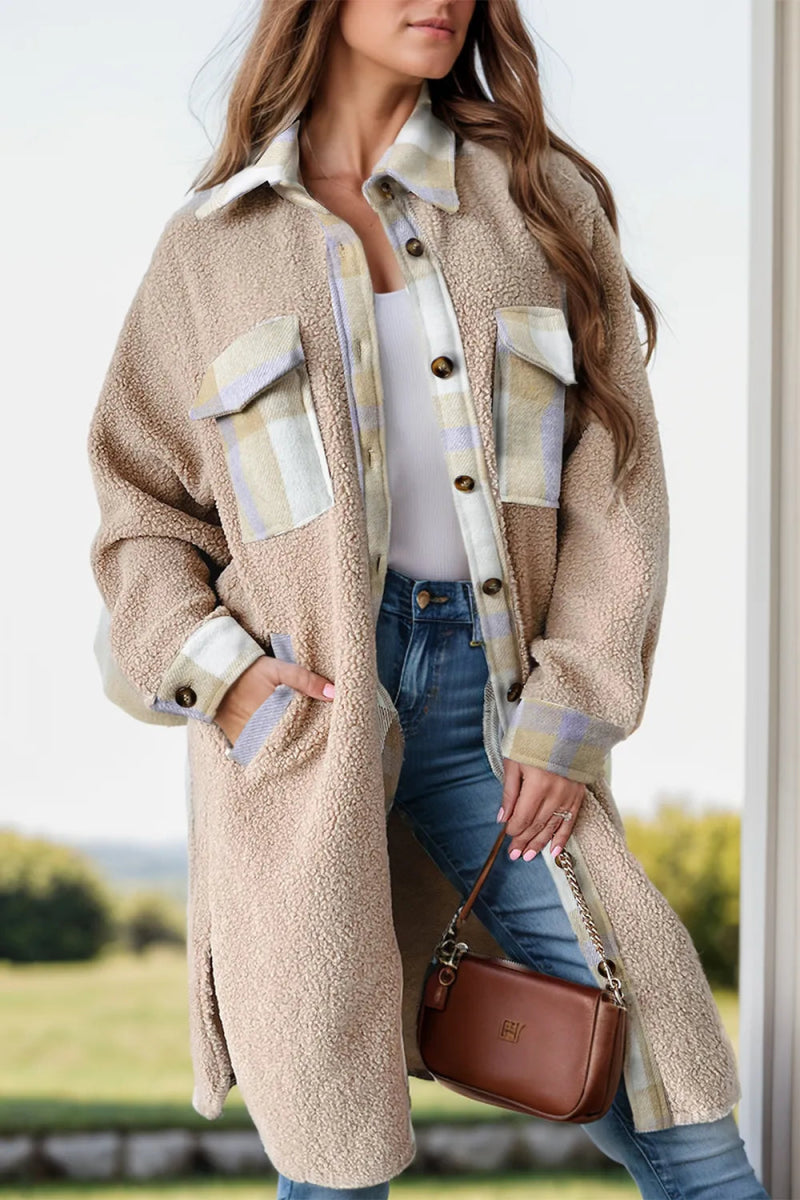 Slit Plaid Button Down Long Sleeve Coat - CELIVINE